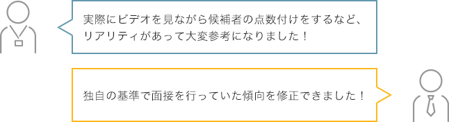 実際にビデオを見ながら候補者の点数付けをするなど、リアリティがあって大変参考になりました! 独自の基準で面接を行っていた傾向を修正できました!